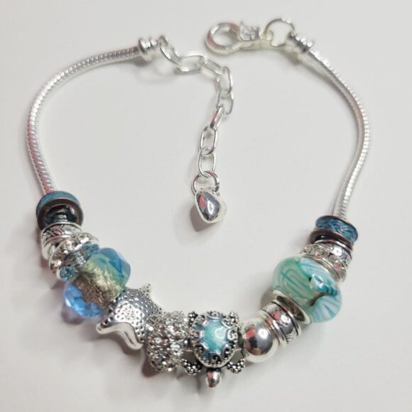 NWT Pandora Style Charm Bracelet Silver Blue Turtle Stars Copper Beads Glass XL - Picture 3 of 8